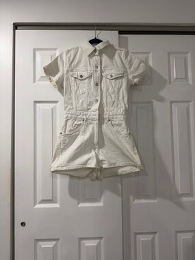 Zara Cream Short-Sleeve Denim Romper